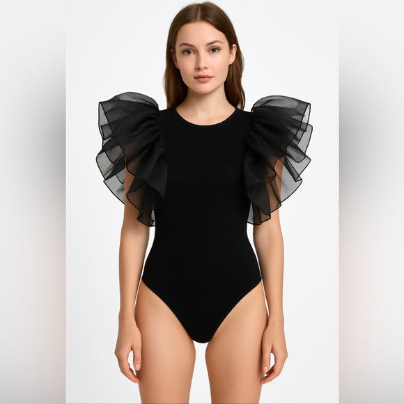 ZARA Women’s Bodysuit S Black Ribbed Bodysuit Sheer Organza Ruffled Sleeves - Picture 1 of 8